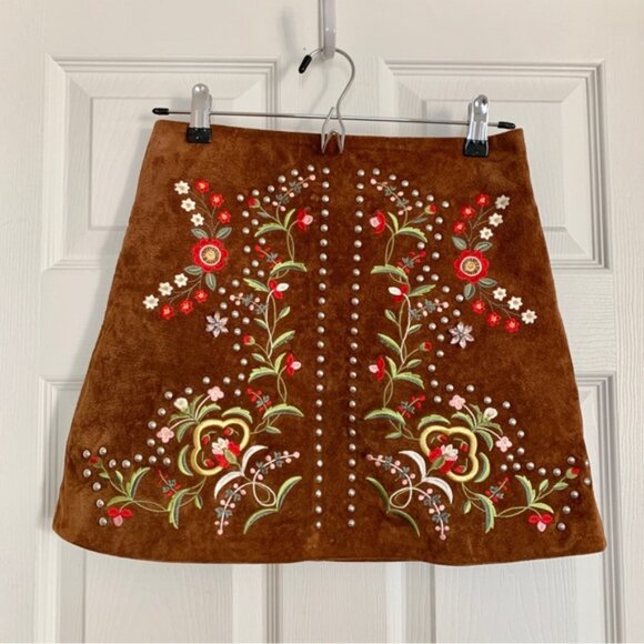 Zara Dresses & Skirts - ZARA Brown Genuine Suede Leather Embroidered Embellished Studded Mini Skirt